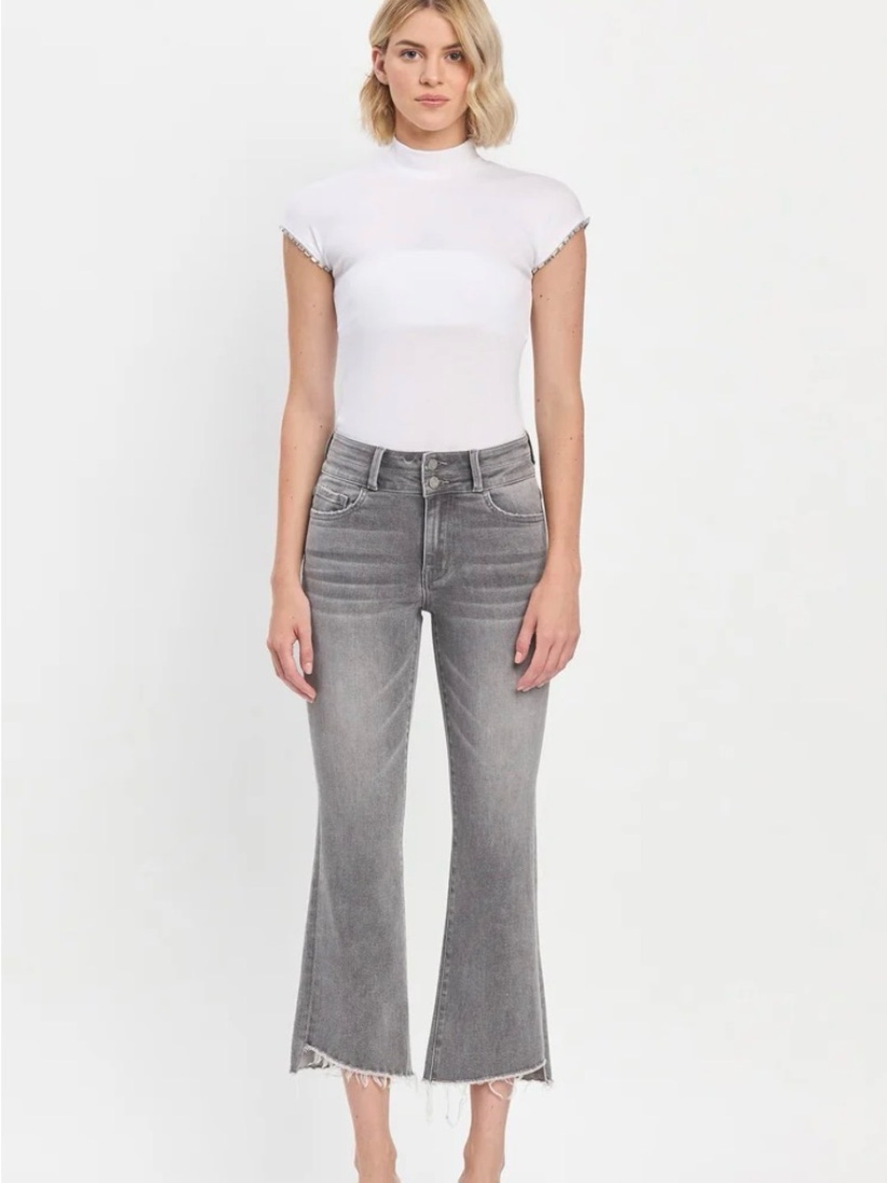 Veret High-Rise Raw Slant Hem Bootcut Jeans in Gray